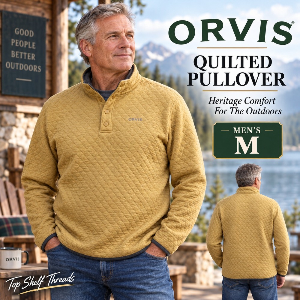 Orvis Men M Ochre Outdoor Quilted Snap Sweatshirt 100% Cotton Insulated Fishing